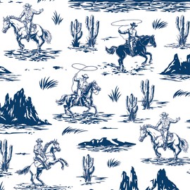 Livelynine Cowboy Wallpaper Peel and Stick Vintage Blue Western Wallpaper Waterproof Vinyl Renter Friendly Navy Blue and White Toile Wall Paper Self Adhesive Western Themed Contact Paper 17.5x78.8"