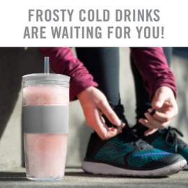 HOST Double Wall Insulated Freezable Drink Chilling Tumbler with Freezing Gel Glasses for Red and White Wine, Straw and Lid, Plastic, 16 oz, Grey