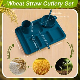 Bokon 24 Pcs Divided Plate for Adult Wheat Straw Lunch cutlery Set Toddler Dinnerware Microwave Safe Picnic School(Classic Color)