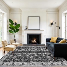 Washable 8x10 Living Room Rug: Vintage Low Pile Water Resistant Area Rug with Non-Slip Backing for Bedroom Dining Room Distressed Carpet for Nursery Indoor Soft Floor Mat for Home Office (8x10 Black)