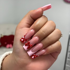 24Pcs Valentine's Day Press on Nails Long Red Pink French Tip Fake Nails with Bow Romantic Love Nail Art Matte Glossy Designs Glue on Nails Heart False Nails for Women Girls Acrylic Manicure Salon DIY