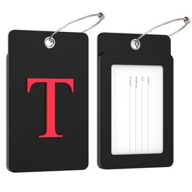 Gostwo 2 Pack Luggage Tags for Suitcases, 26 Initial Letter Travel Luggage Baggage Identification Labels ID Tag Fully Bendable Tags with Stainless Steel Loop (Black) (Letter T)
