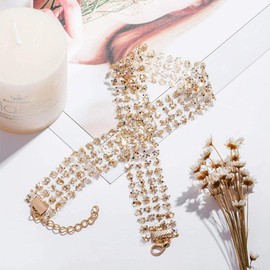 TseenYi Shiny Wide Cubic Zirconia Choker Lace Adjustable Boho Clavicle Chain Necklace Jewelry for Women and Girls (Gold)