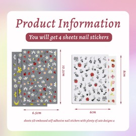 Shimmerz 4 Blätter Biene Marienkäfer Ameise Nagelkunst Sticker 5D Relief Selbstklebend Nageldekal Blumen Gänseblümchen Schmetterling Nageldesigns