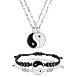Hicarer 4 Pcs Yin Yang Necklace for 2 and Matching Friend Couples Bracelet Valentines for BFF Friendship(Silver)