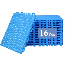 GHYKL 16 Pcs Interlocking Pool Drainage Mats, 10.3" x 10.3" Non-Slip Shower Tiles for Pool Deck, Bathroom, Patio & Garage, Easy DIY Splicing Cushion Floor Mat with Rapid Water Drain (Blue)