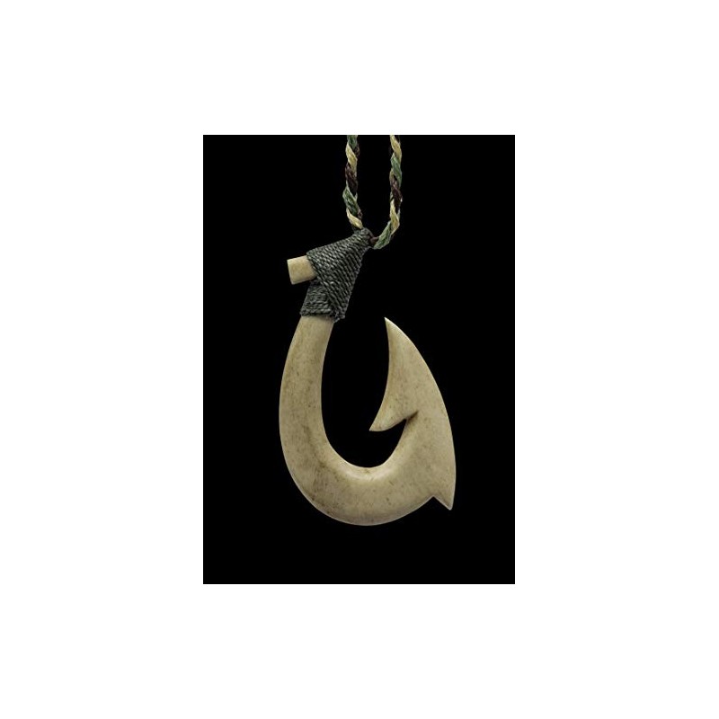 Aged Bone Stylized Maori Hawaiian Fish Hook Necklace - Med/Large