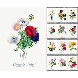 PIXILUV HAPPY BIRTHDAY FLOWERS BOUQUET Greetings Cards 12 Large Cards ~ Awesome Beautiful Realistic Garden Flowers Wildflowers by Pierre Redoute ~ Vintage Botannical Book Illustration Museum Art