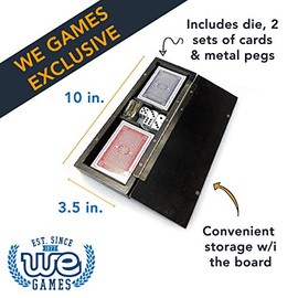 WE Games - Juego de cribbage de madera para 3 jugadores, pinzas de agarre fácil y 2 barajas de cartas en el interior de la tabla, Tinte negro         