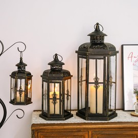 JHY DESIGN Set of 3 Decorative Candle Lanterns 20''&14"&10" H Outdoor Candle Lanterns Vintage Metal Cand leholder for Indoor Outdoor, Events, Parities and Weddings(Black with Gold Brush)