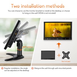 WHOLEV 9 Inch Monitor HD 1024 x 600 Colour Screen CCTV Monitor Touch Button with AV/VGA/HDMI/Ports Headphone Input for Raspberry Pi Home Security CCTV PC Display