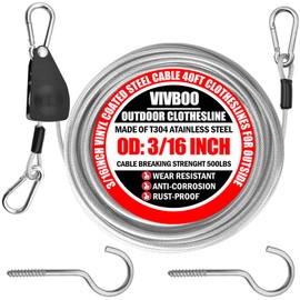 VIVBOO 40ft Clothes Line Outdoors 3/16" Wire Ropes Silver PVC Coating Laundry Drying Clothesline Retractor with Metal Hooks Heavy Duty for Umbrella Travel Outside Camping Backyard
