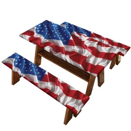 FUIALDOLG American Flag Art Fitted Picnic Table Cover with Bench Covers Picnic Table and Chair Set Cover Oilproof Lightweight Easy to Fitted for Indoor Outdoor Patio Patriotic Cover