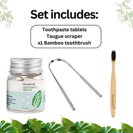 Generic Natural Toothpaste Dental Tablets Perfect to Travel Toothpaste Tablets (60 Count) + Tongue Cleaner + Toothbrush Bamboo. Zero Waste Tooth Paste Tabs Chewable. Tooth Tablets for Kids and Adults