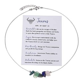 Healing Crystal Zodiac Necklace for Women Natural Stone Chakra Zodiac Sign Choker Necklaces 12 Constellation Raw Crystal Horoscope Astrology Birthday Jewelry Gifts - Taurus