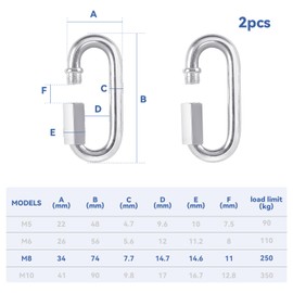 Yuntop 2 Pack M8 D-Shape Silver Metal Screw Lock Carabiner, Chain Hooks for Outdoor Traveling Equipment, Connecting Hammock