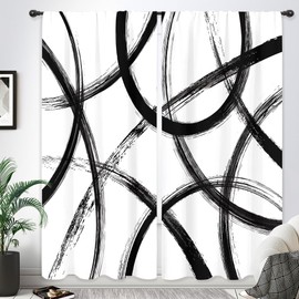 Riyidecor Black White Absract Curtains Geometric Minimalist Graffiti Aesthetic Ink Painting Art Line Modern Rod Pocket Simple Cool for Men Bedroom Living Room Treatment Fabric 2 Panels 52Wx84H Inch