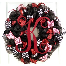 Monogram Mesh Door Wreath; black maroon burgundy red white