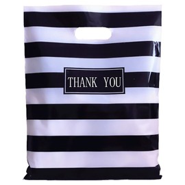 Thank You Merchandise Bags,Daarcin 100pcs 12x16in Black and White Stripes Die Cut Plastic Shopping Bags with Handle for Boutique,Party,Goodie Bags,Stores,Clothes, Reusable Retail Bags for Bussiness