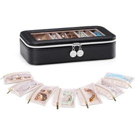 Lolalet 8 en 1 Estuche Viaje para Joyas con Bolsitas Terciopelo, Organizador Joyero Portátil con Ventana Claro de Arete Anillo Collar Pulsera Pendiente Almacenaje Compacto para Mujer Niña -Negro, 8Pcs