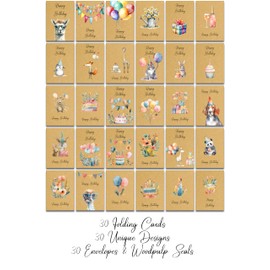 30 Watercolour Birthday Cards with Envelopes made from Recycled Paper 30 Different Designs (30 Kraft Birthday Cards)