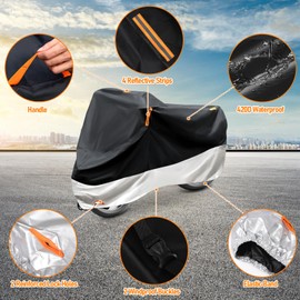 Motorcycle Cover Waterproof, 420D All Season Outdoor Protection, Heavy Duty Motorcycle Cover with Reflective Tape and Lock Holes Vehicle Cover (Black and Silver, XXL)