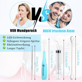 Tonsillenstein Entferner Set,1 Werkzeug zur Entfernung von Mandelsteinen aus Edelstahl,1Tonsillensteinentferner mit LED-Licht, 100 Tupfer 1gebogene Irrigator-Spritze zum Entfernen von Mandelsteinen