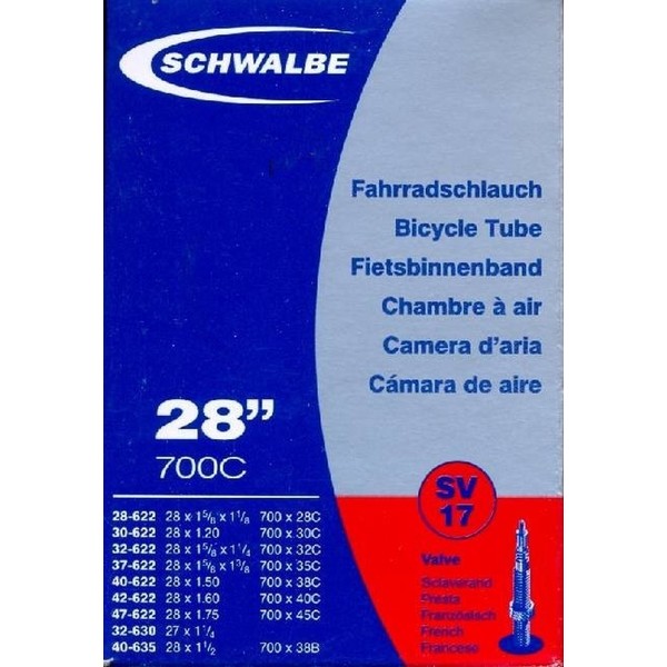 Schwalbe SV17 Bicycle Tube with Presta Valve 37-622 mm 28 x 1 3/8 x 1 5/8, 28 x 1.40 700C