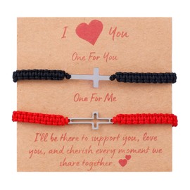 2pcs Adjustable Cross Bracelets, Matching Friendship Couple Bracelets with Metal Cross Charm Red & Black Braided Rope Religious Jewelry for Men Women Christian Jesus Gifts