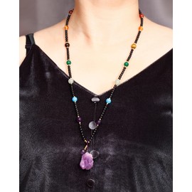 Lightock 7 Chakra with Raw Quartz Amethyst Crystal Long Necklaces for Women Stones and Crystals Meditation Balance Black Agate Beaded Necklace