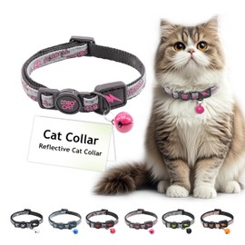 DOCO Cat Collar (Neck Girth - 3/8" x 7.5-12", Weight Upto - 13lb) Reflective Cat Collar with Bell, Breakaway Safety Buckle, Adjustable Nylon Strap for Kittens & Adult Cats (Pink)