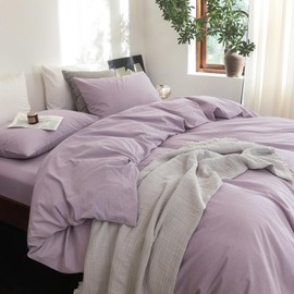 FOSSA Duvet Cover Set 100% Washed Cotton Linen Feel Super Soft Breathable Cozy 3 Pieces Bedding Sets Solid Light Purple Queen