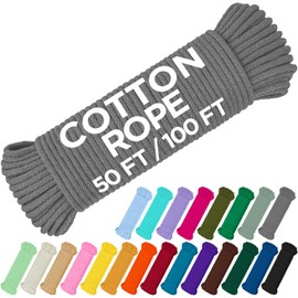 TECEUM Cotton Rope 3/16” (5 mm) – 100 FT – Strong All-Purpose Braided Rope – Natural Cotton – for Crafting, Сamping, Clothes Line, DIY, Indoor & Outdoor Use – Gray