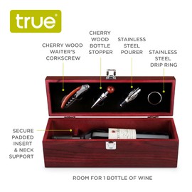 True Cherry 1-Bottle Wine Accessories Gift Set | Premium Corkscrew Opener Kit, Drip Ring, and Wine Pourer and Stopper in Wood Case with Padded Insert