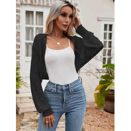 Famulily Women's Long Sleeve Open Front Hollow Shrugs Floral Lace Bolero Cardigans Drop Shoulder Shawl Black M