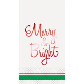 Unique Party Christmas Red Foil Merry & Bright Guest Napkins 39cm x 33cm 3Ply - Pack of 16