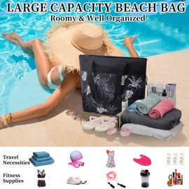 Beach Bag for Women,Large Lightweight Zipper Travel Tote Dry Wet Separation Water Resistant Sandproof Pool Bag for Gym