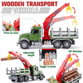 Tacobear Wooden Transporter Truck Toy with Trailer Crane Arm & 6 Tree Trunks, Large 1:16 Transporter Truck with Sound & Light Crane Car Truck Toy Gift for Children Boys 3 4 5 6 Years