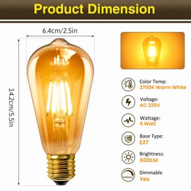 Caldarax 6 Stck Edison Vintage Glhbirne E27 Dimmbar 220V, ST64 Retro LED Filament Lampe 4W, Ersetzt 40W Glhlampen, 400LM Warmwei? 2700K, Nostalgie LED Leuchtmittel E27 fr Caf, Restaurant, Bar, Haus
