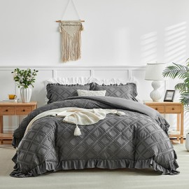 Tufted Ruffle Duvet Cover Set King Size, 3 Pieces Vintage Farmhouse Shabby Chic Ruffled Duvet Cover with Zipper Closure, Luxury Jacquard Boho Bohemian Bedding Set (Dark Grey, King)