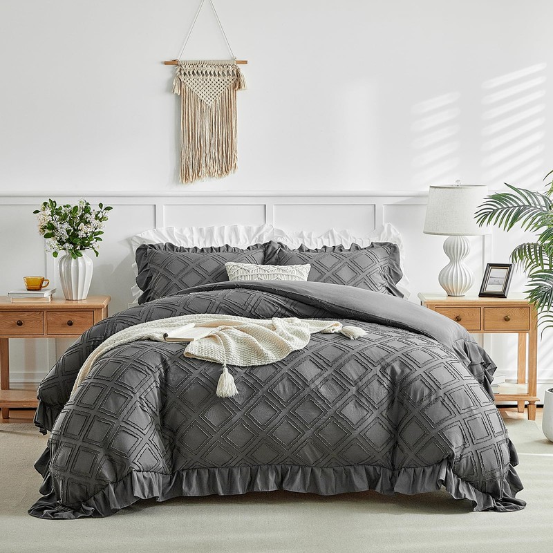 Tufted Ruffle Duvet Cover Set King Size, 3 Pieces Vintage