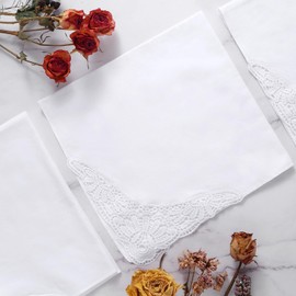 HOULIFE Ladies Handkerchief – Small Hankerchieves Ladies, Solid White Embroidered Lace Hankies, 100% 60S Combed Cotton Womens Floral Hankies for Bridal Wedding Party, 6 Pieces, 35x35cm/14x14’’