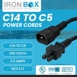 IronBox Electric C14 to C5 Power Cords - 2.5A, 250V, 18/3 SJT - UL Listed Power Extension Cable - Electrical Supply - Heavy Duty Plug and Connector for Computer, Monitor, Laptop, PDU and More (8 ft)