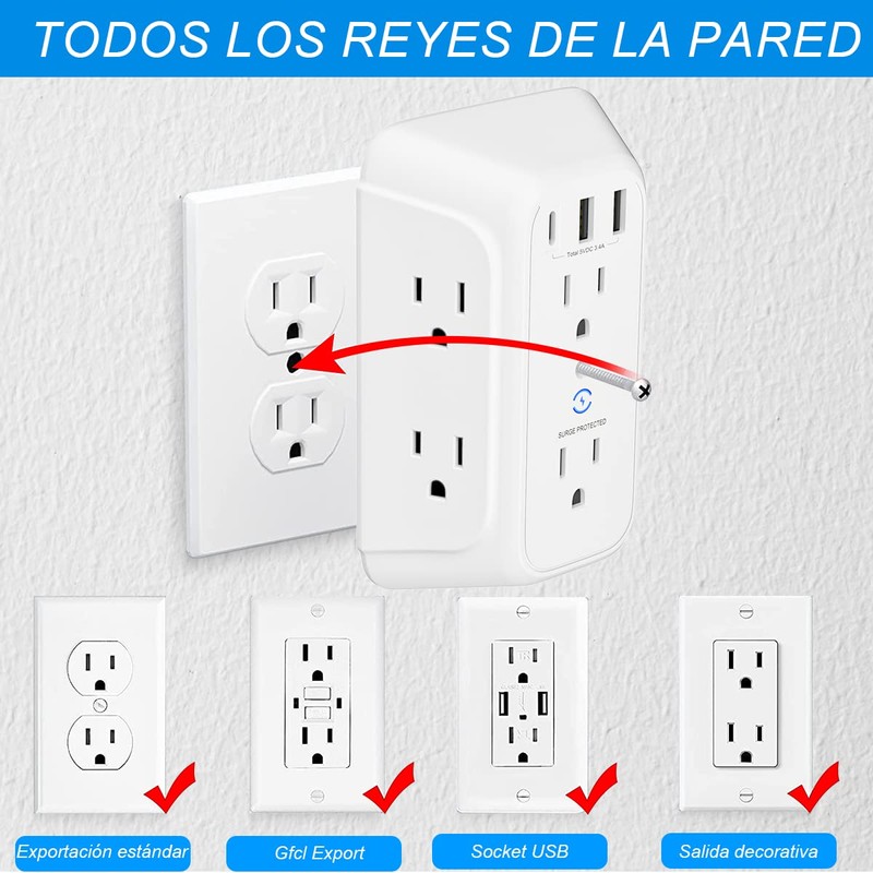 RENDIN Multicontacto,Enchufe de Carga de Tres Lados,Regleta Multicontacto Multifuncional,con USB