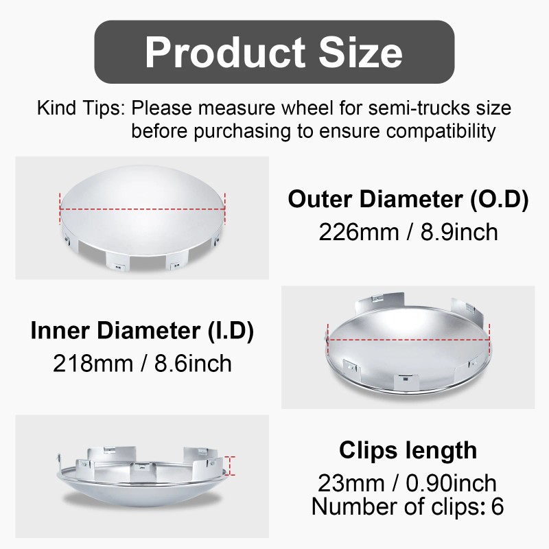 Chrome Hub Cap Covers for Semi Truck 8.9" Hub Caps,