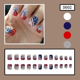 Independence Day Press on Nails Short Square Shape Glossy July 4th Acrylic French False Nails with USA Flag Designs Artificial Patriotic Square Fake Nails Glue Stick on Fingernails for Women Girls