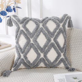 PANOD Super Soft Farmhouse Decorative Plush Throw Pillow Covers 20 x 20 Grey,Solid Diamond Pattern Tufted with Tassels Modern Accent Boho Square Cushion Cover Pillow Case for Couch Sofa