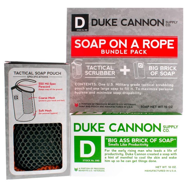 Duke Cannon Soap On A Rope Bundle Pack: Tactical Scrubber + Big A Brick of Soap for Men -"Smells Like Productivity"