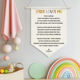 Jesus Loves Me Canvas Wall Hanging Banner for Kids,Christian Bible Verse Poster with Wood Rod, Nursery Sunday School Decor, Religious Gift for Baby or Toddler, 11x16 Inch (KD11)