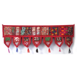 INDIAN CRAFT CASTLE Cotton Vintage Patchwork Door Hanging Valance Window Hand Embroidered Toran Bohemian Decor Living Room Wall Home Handmade Thoranam Bandanwar Decorations (Red, 2 Meter)